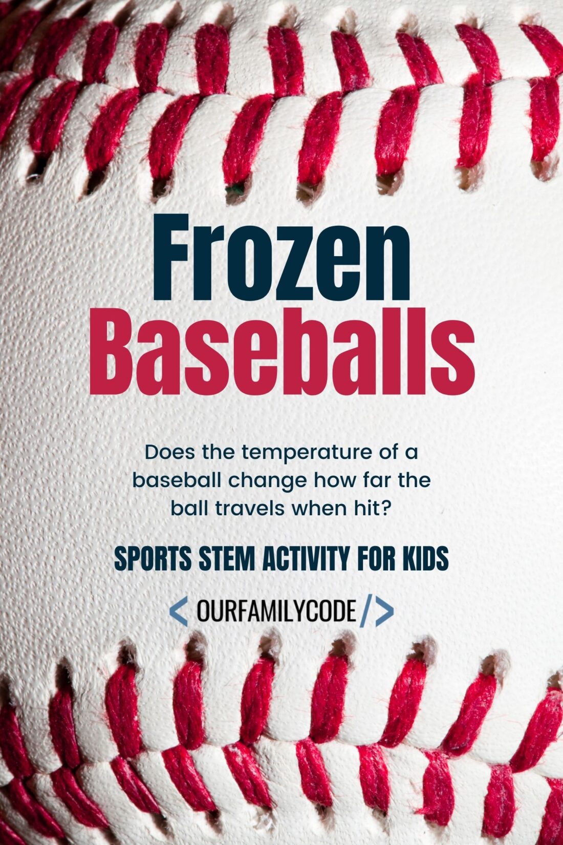 Frozen Baseball Experiment Sports STEM frozen baseballs sports stem activity for kids A picture of a baseball in the background with "frozen baseballs does the temperature of a baseball change how far the ball travels when hit?" in text.