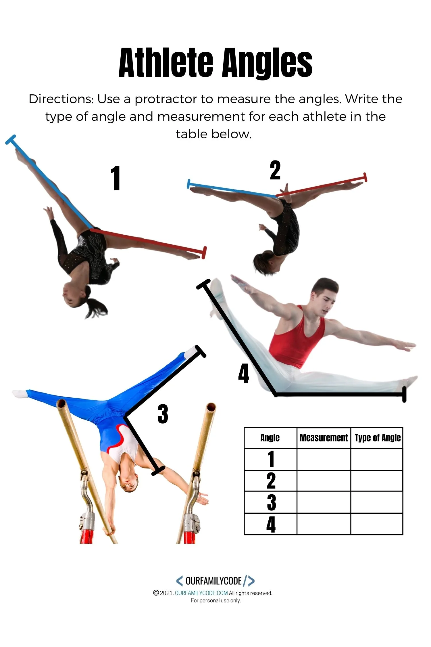 A picture of an athlete angle measurement worksheet to measure angles and identify types of angles used in gymnastics.