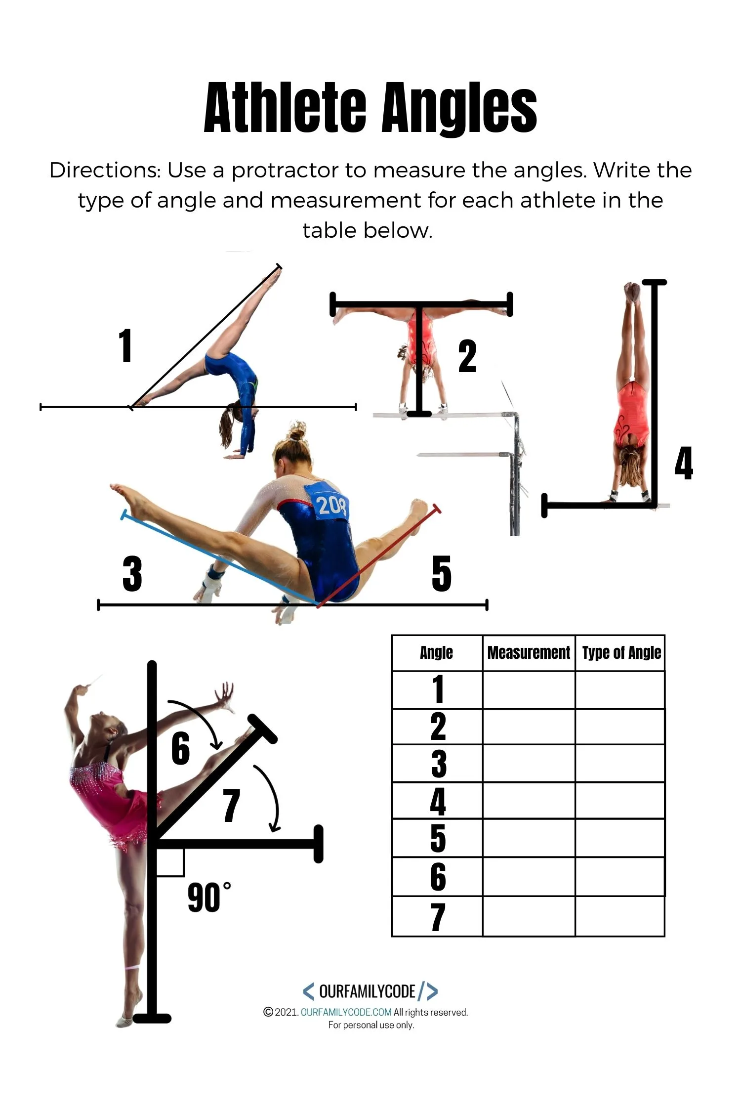 A picture of an athlete angle measurement worksheet to measure angles and identify types of angles used in gymnastics.