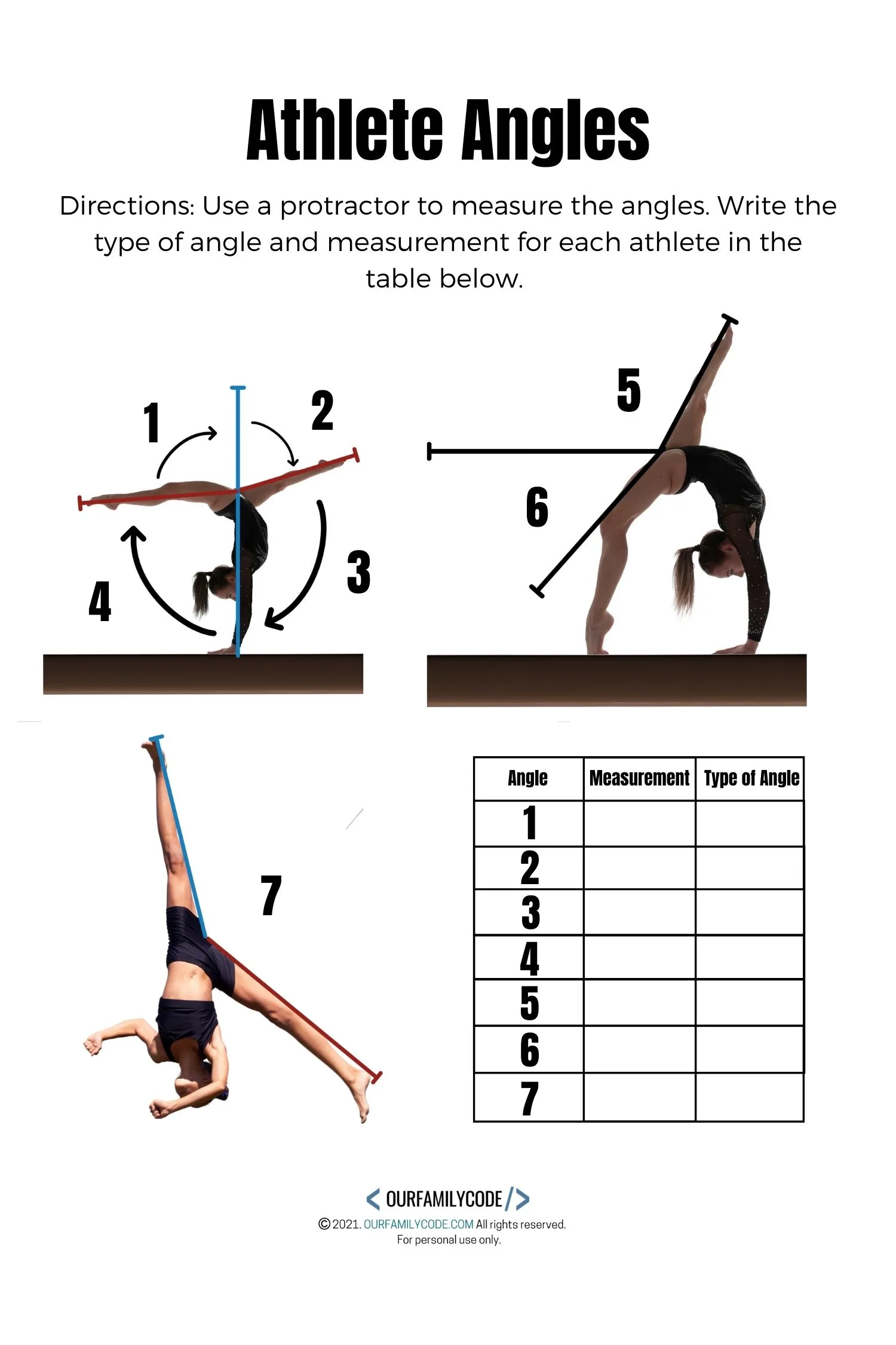 A picture of an athlete angle measurement worksheet to measure angles and identify types of angles used in gymnastics.