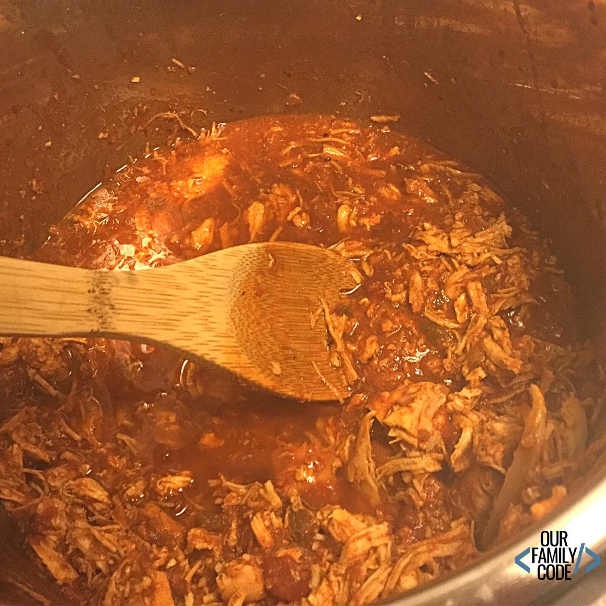 A picture of salsa chicken in the Instant Pot.