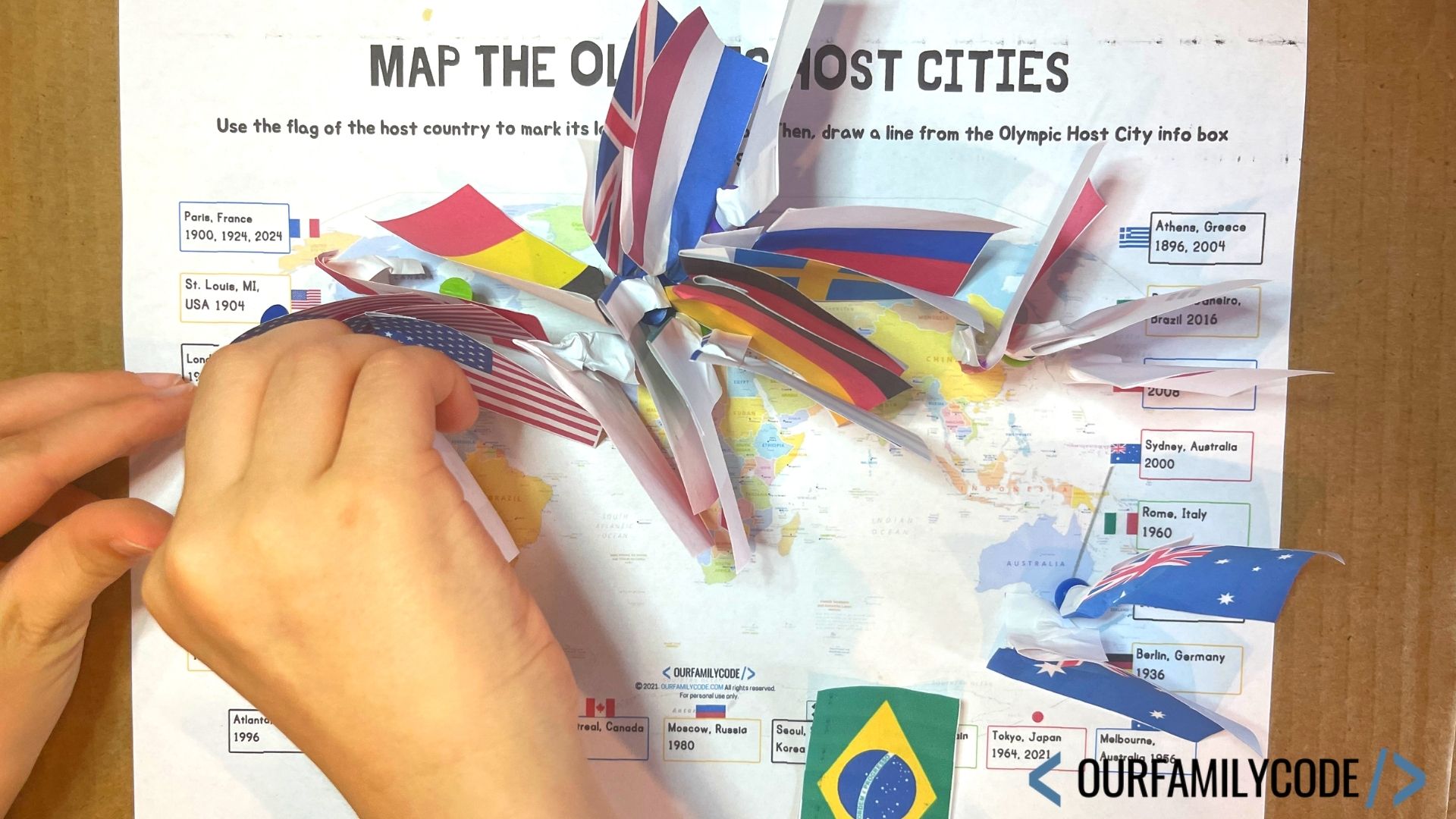 A picture of Olympic host cities on a printed map with cardboard underneath it and printed national flags made into map markers.