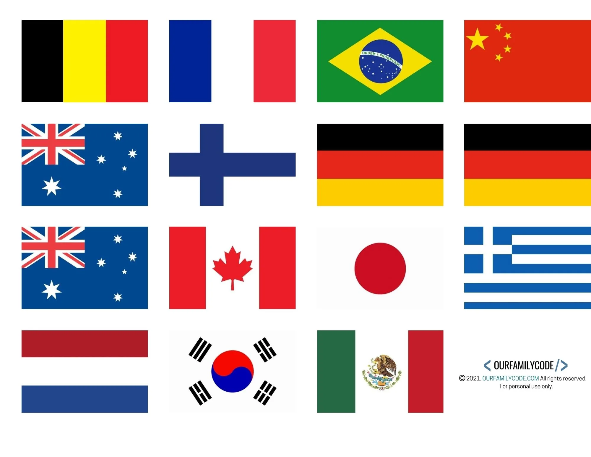 A picture of 16 country flags for a Map the Olympic Host Cities world geography activity for kids.