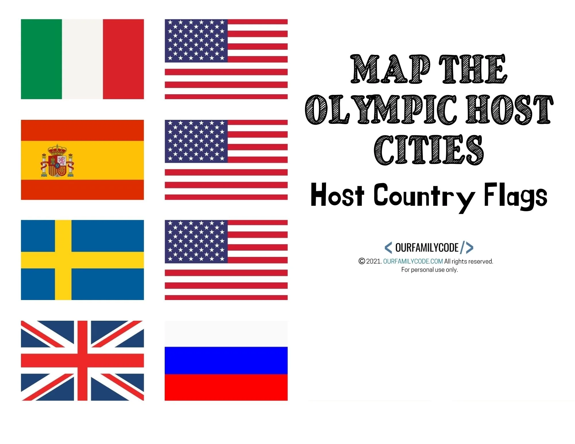 A picture of eight national flags of former Olympic Host Cities.