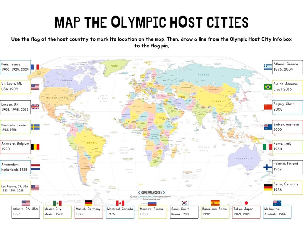 Map the Olympic Host Cities World Geography Activity Our Family Code