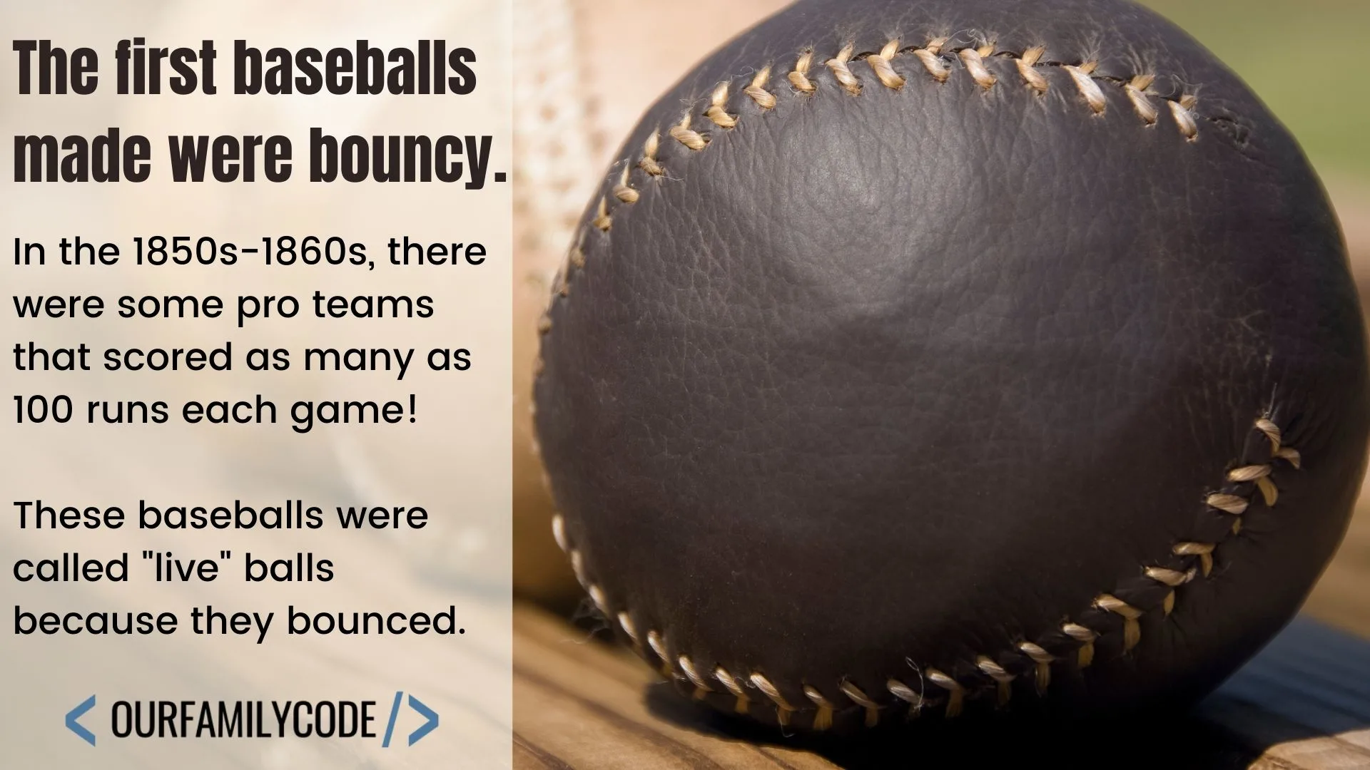 A picture of an old baseball made in a lemon stitch style with text that says "the first baseballs made were bouncy."
