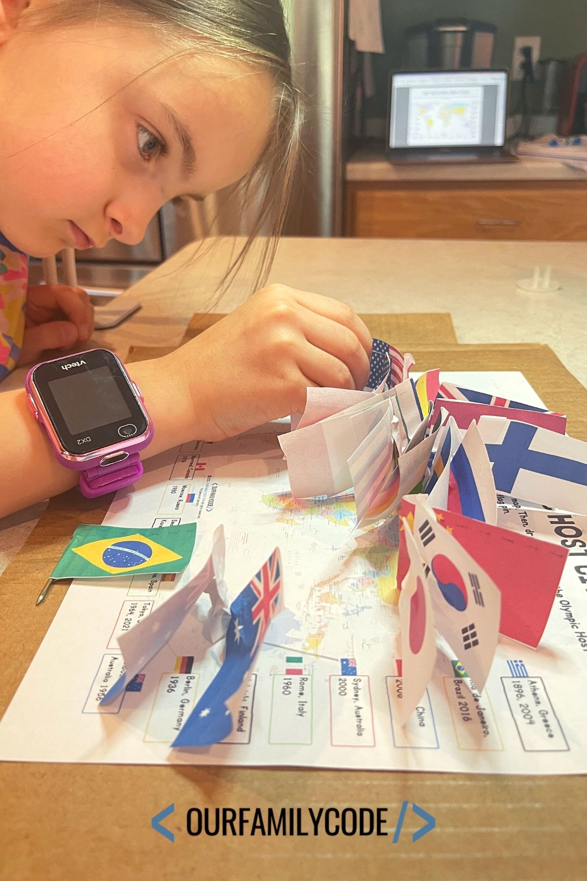 A picture of a child marking Olympic host cities on a printed map with cardboard underneath it and printed national flags made into map markers.