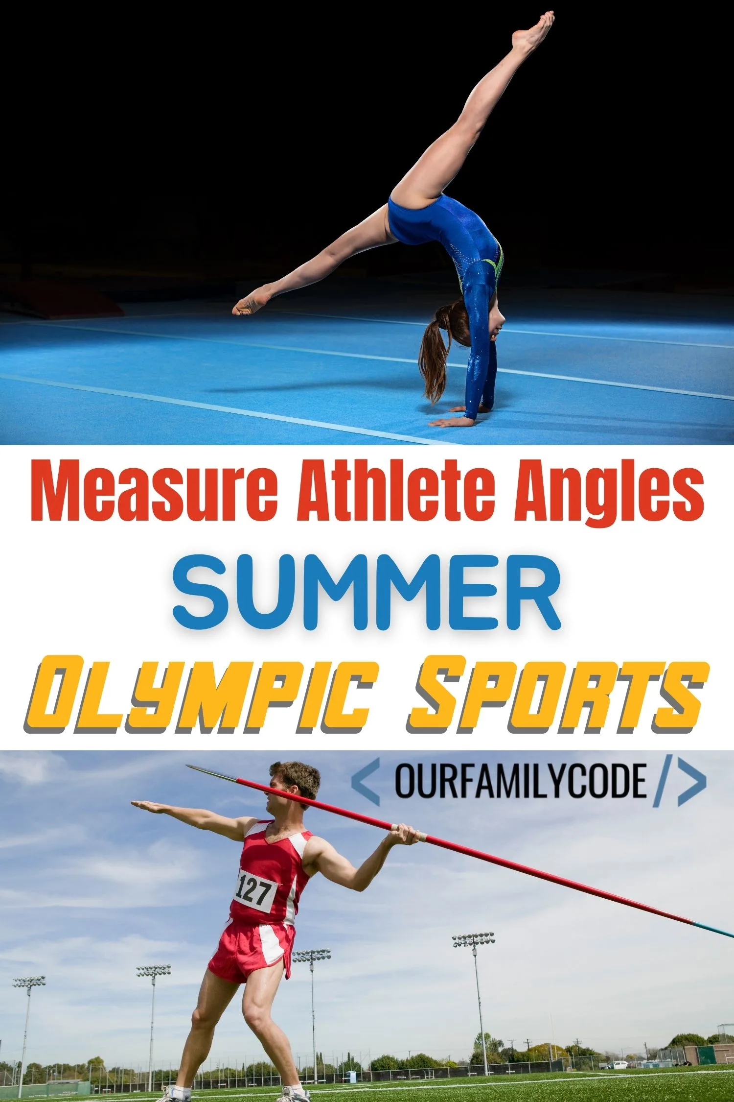 A picture of a gymnast flipping and a javelin athlete throwing a javelin with text that reads "measure athlete angles summer Olympic sports".