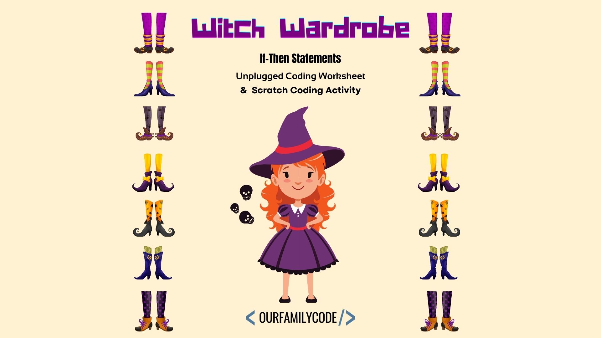 A picture of a friendly witch with seven different pairs of socks and shoes on a tan background with the text "Witch Wardrobe If-Then Statements Unplugged Coding Worksheet & Scratch Coding Activity" at the top.
