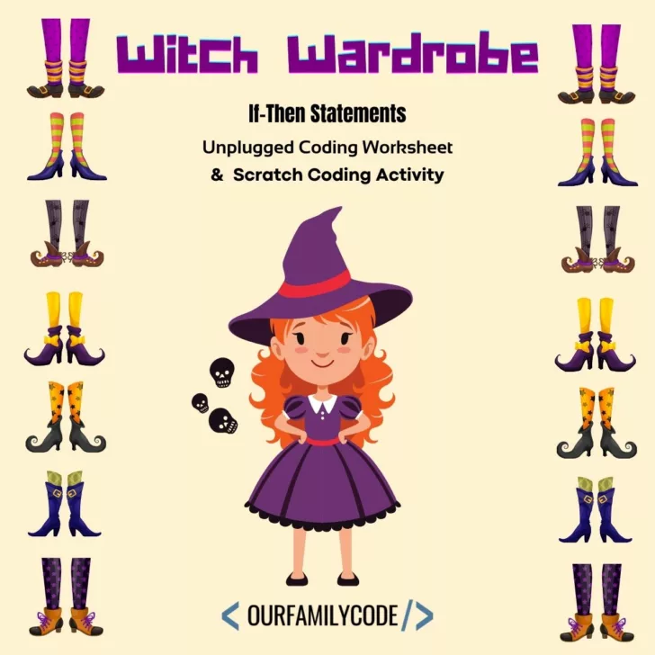 A picture of a friendly witch with seven different pairs of socks and shoes on a tan background with the text 