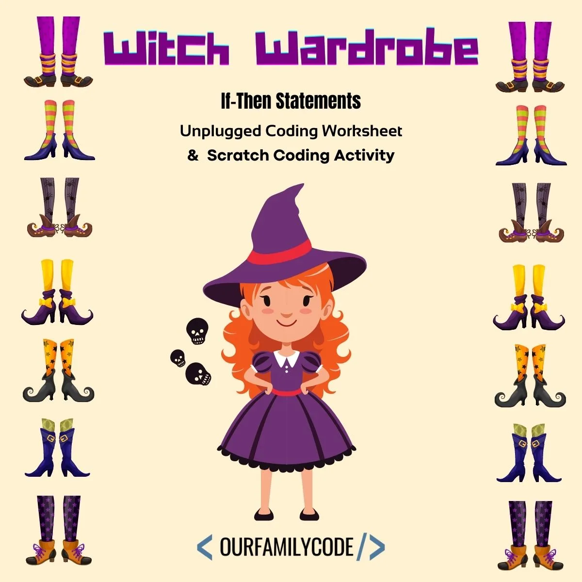 A picture of a friendly witch with seven different pairs of socks and shoes on a tan background with the text "Witch Wardrobe If-Then Statements Unplugged Coding Worksheet & Scratch Coding Activity" at the top.