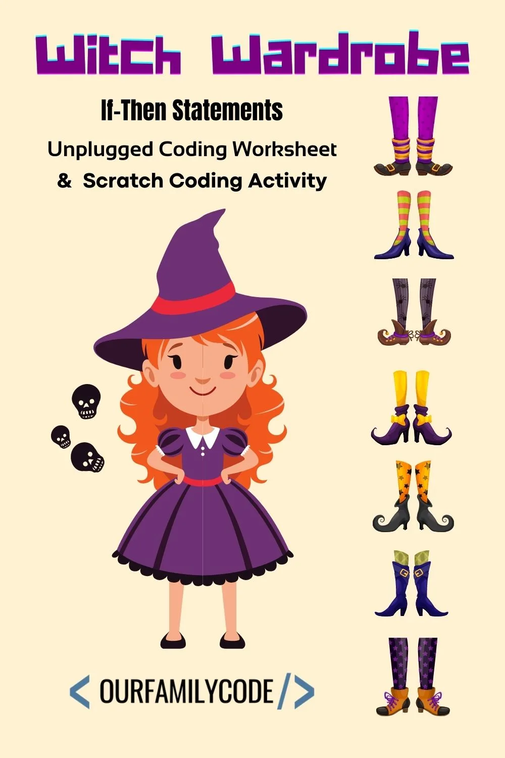 A picture of a friendly witch with seven different pairs of socks and shoes on a tan background with the text "Witch Wardrobe If-Then Statements Unplugged Coding Worksheet & Scratch Coding Activity" at the top.