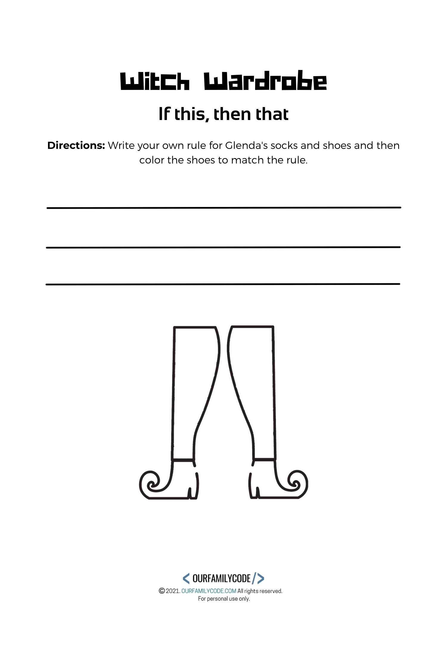 A picture of an unplugged coding worksheet for kids to write their own conditional statement rule and draw an image to represent the statement.
