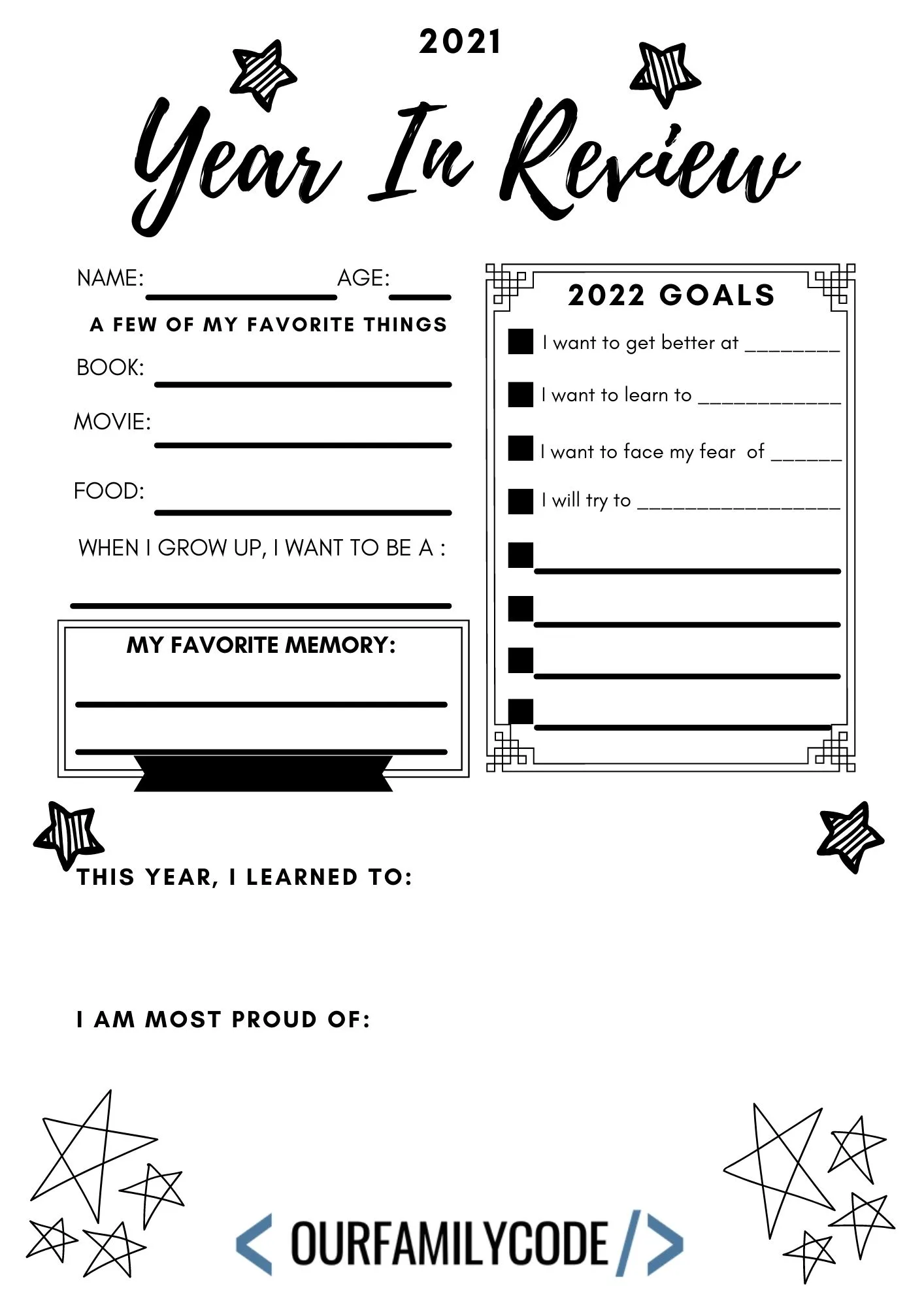 A picture of 2021 year in review printable worksheets.