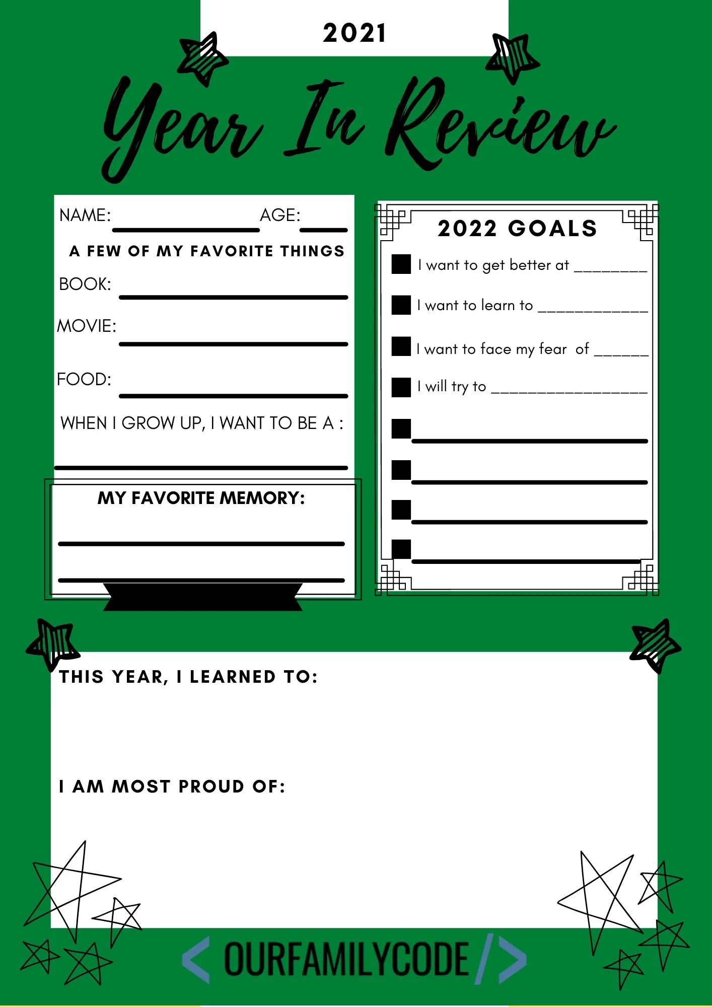 A picture of 2021 year in review printable worksheets.