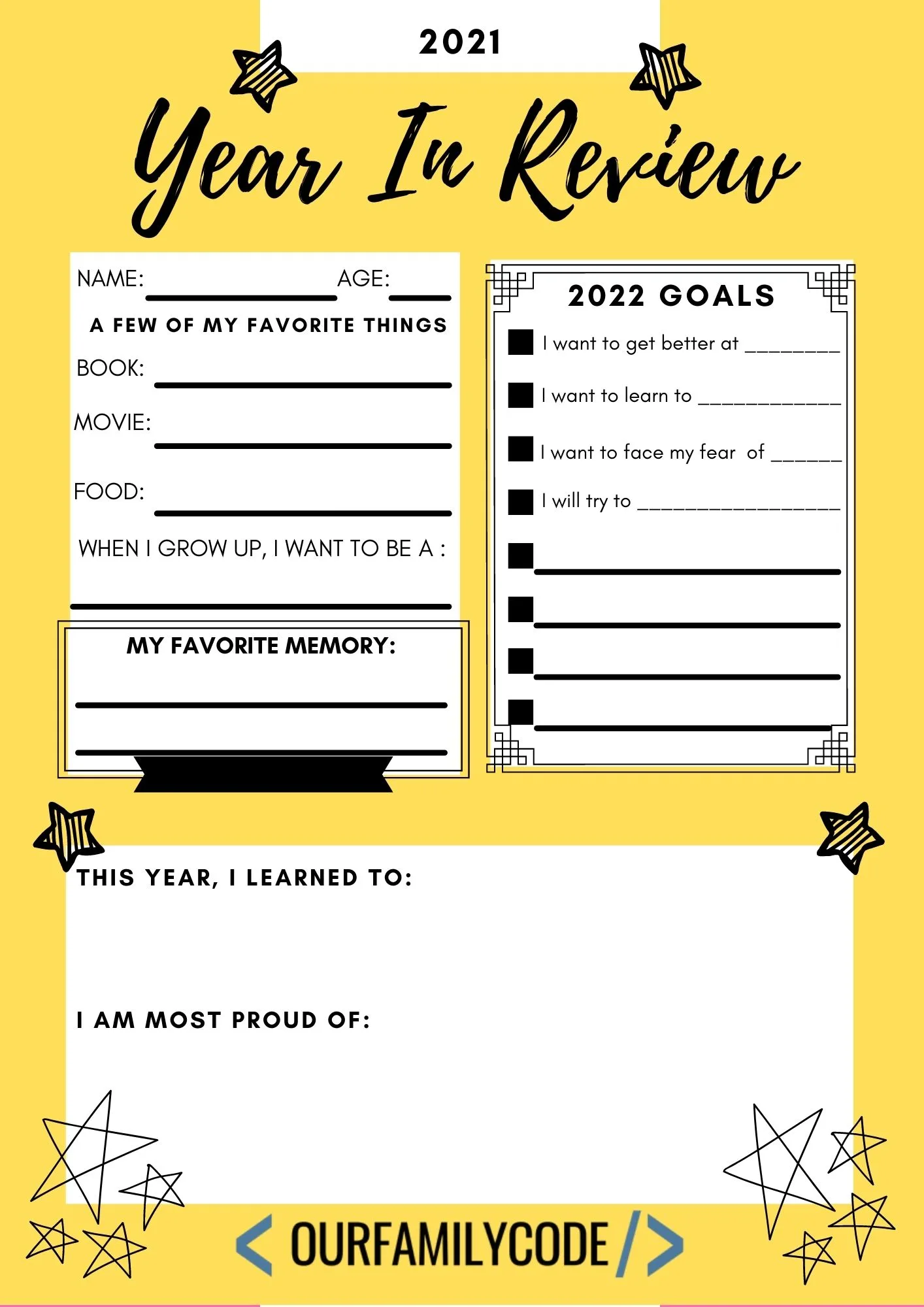 A picture of 2021 year in review printable worksheets.