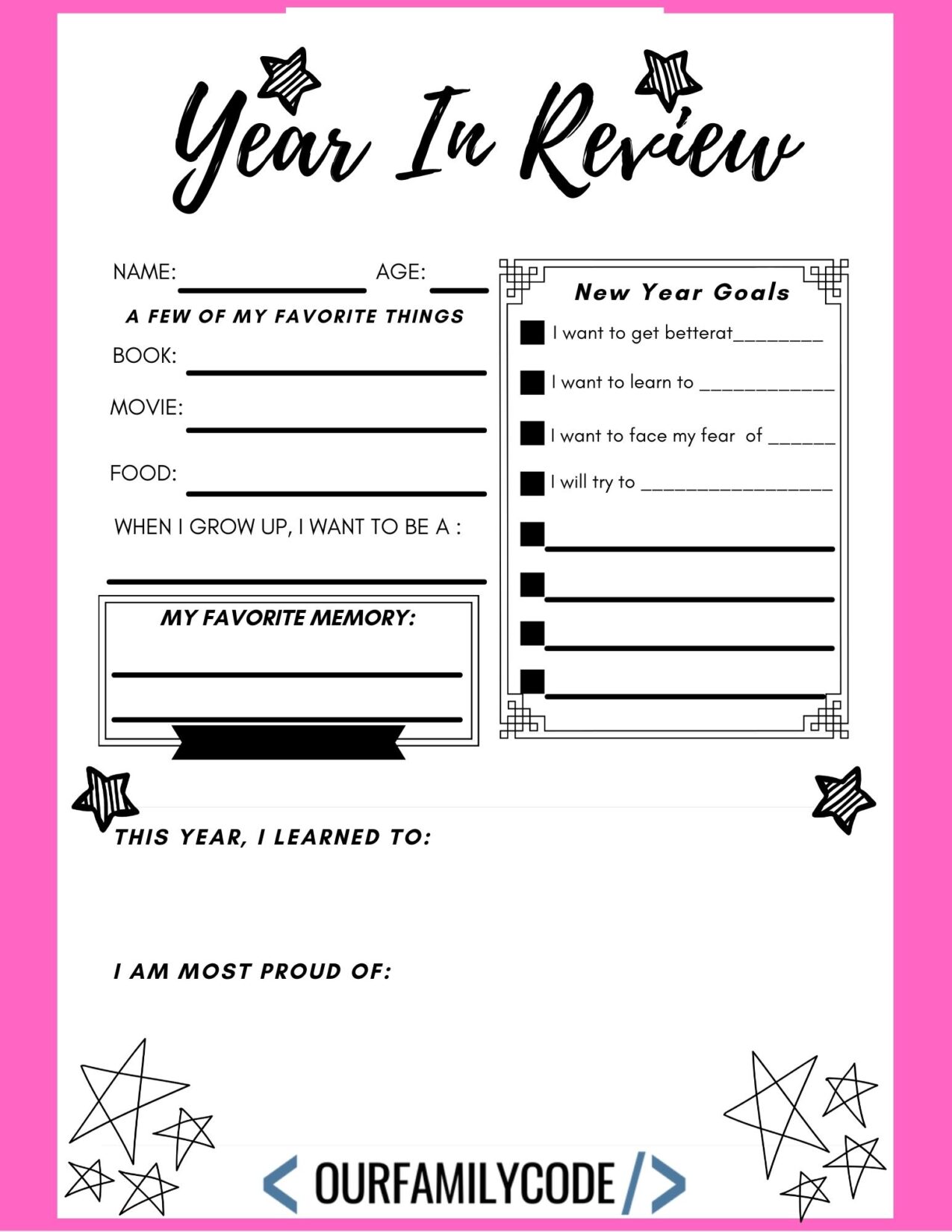 New Year's Eve Year in Review Worksheet Blank Pink