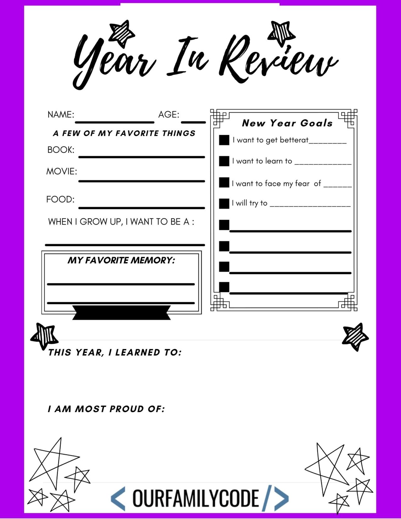 New Years Eve Year In Review Worksheet Purple This free New Year's Eve Year in Review printable for kids helps to capture favorite memories, new skills, kind moments, and hopes for next year.