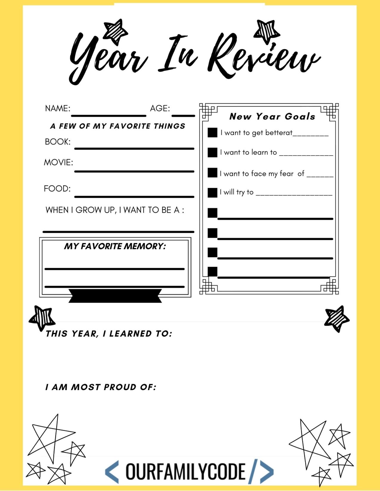 New Year's Eve Year in Review Worksheet Blank Yellow