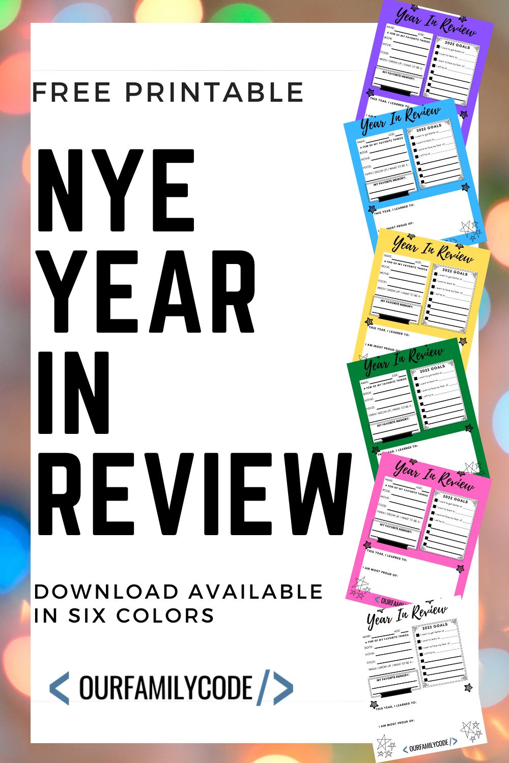 New Year's Eve Year in Review printable for kids Worksheet Blank 6 different colors