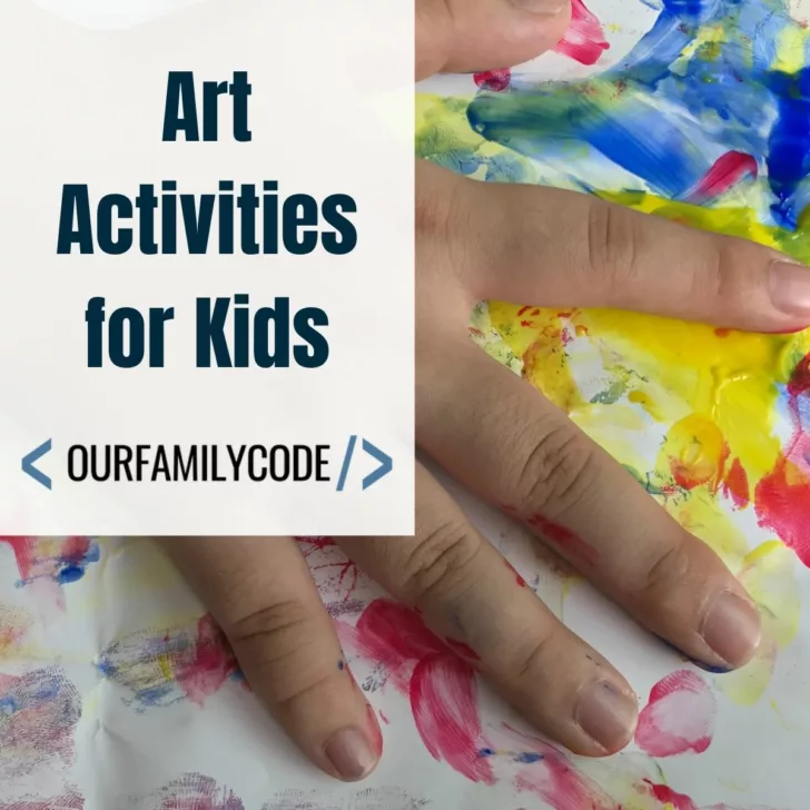 A picture of a small hand smearing paint on a white piece of paper with text that reads "Art activities for kids".