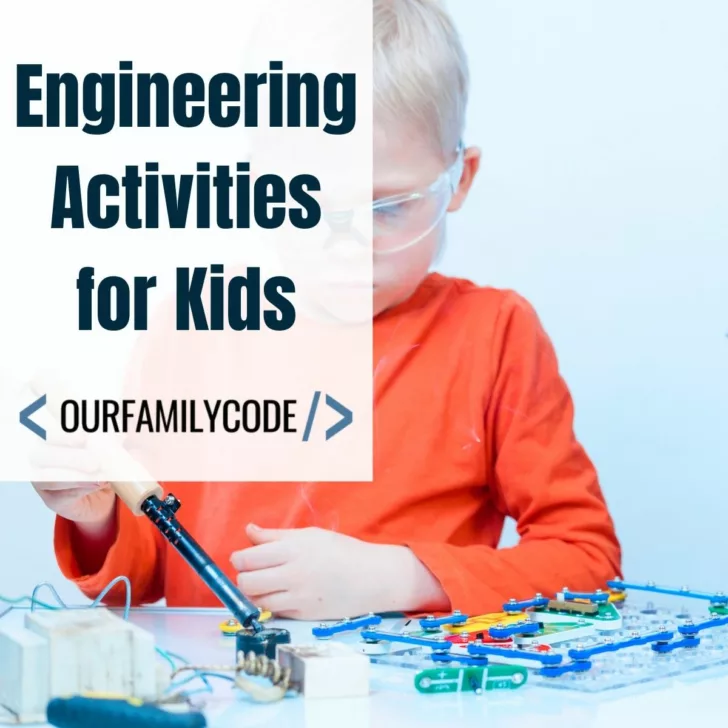A picture of a boy wearing an orange shirt playing with snap circuits with text that reads "Engineering activities for kids".