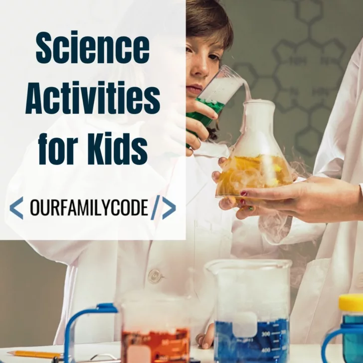 A picture of a kids wearing safety glasses and a lab coat pouring a green fluid from a graduated cylinder into yellow fluid in a shorter beaker with text that reads "Science activities for kids".