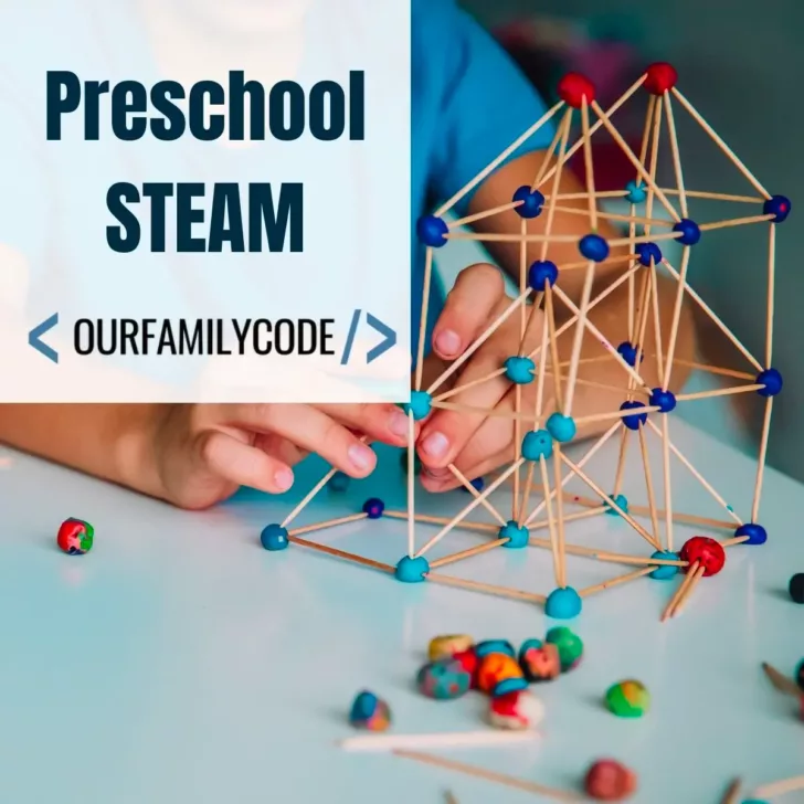 A picture of a kid building a house with toothpicks and candy with blue text that reads "Preschool STEAM".
