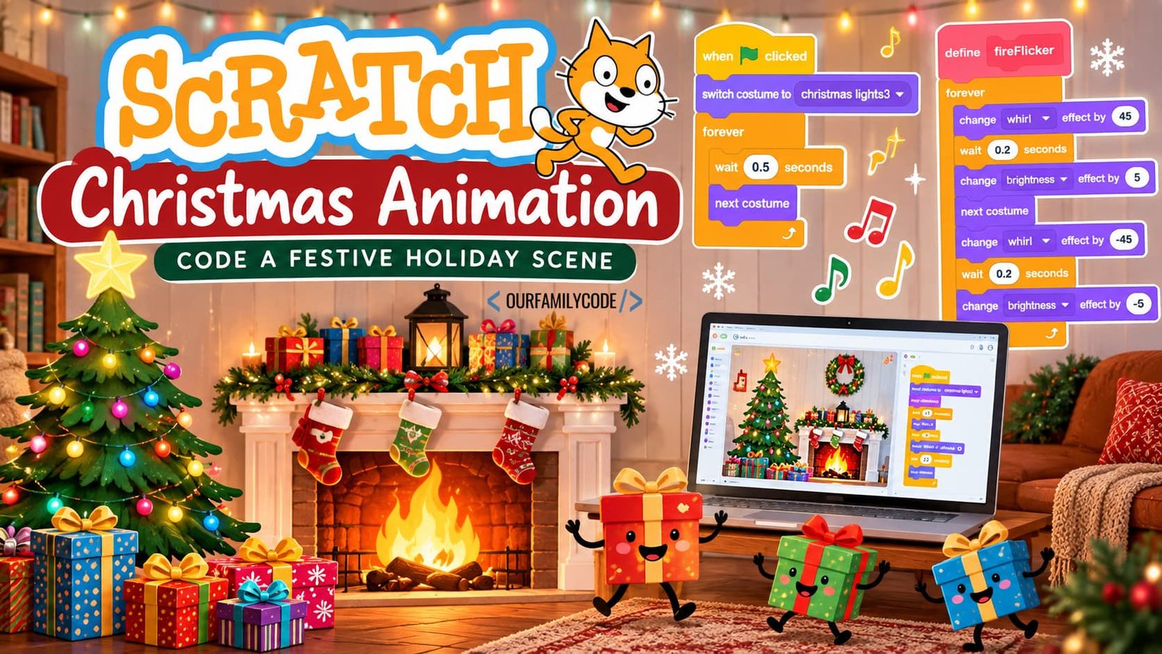 Scratch Christmas animation with a decorated tree, fireplace, presents, stockings, wreath, and colorful holiday lights