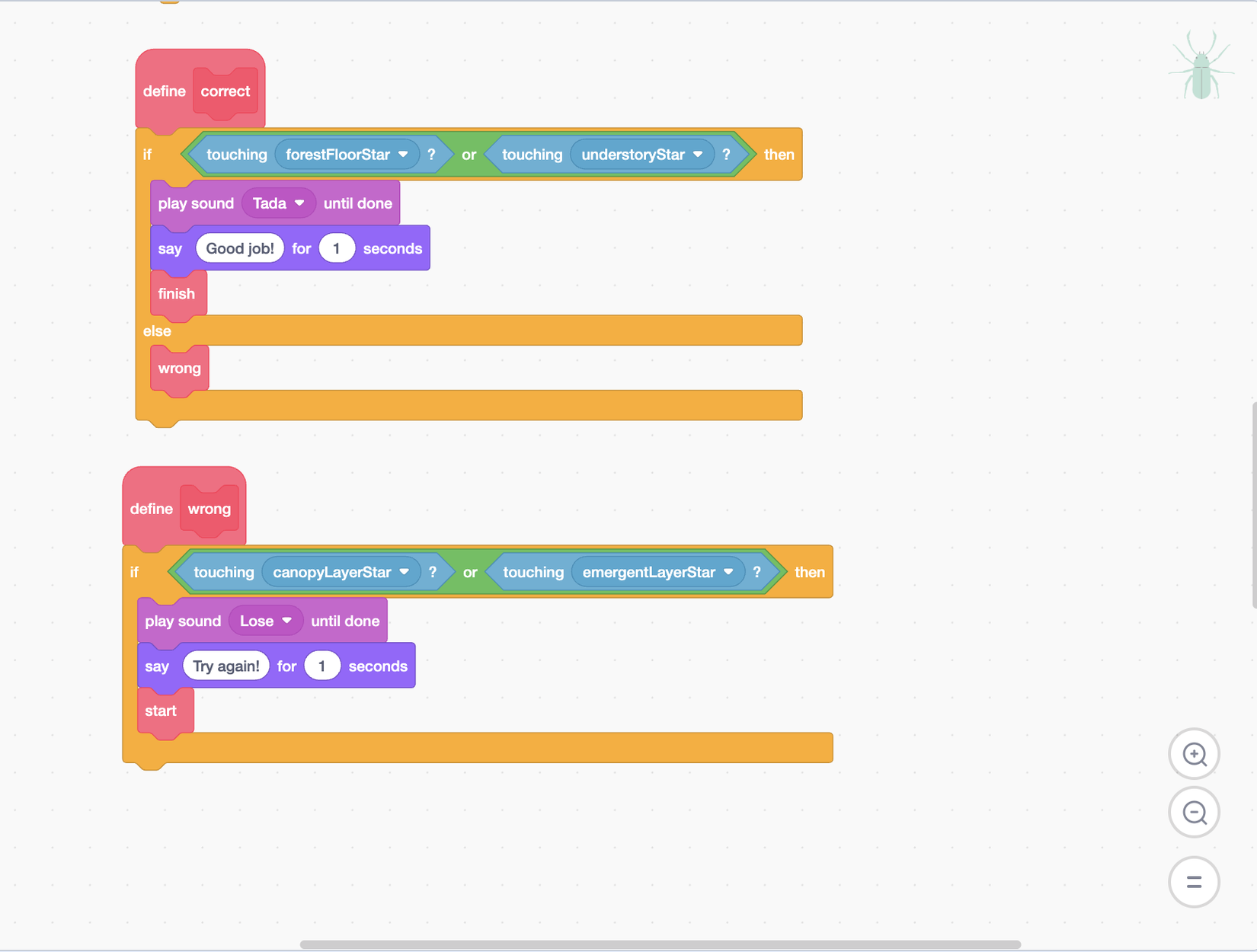Scratch Rainforest Coding Activity: Code the Layers of the Rainforest Beetle correct and wrong code rainforest scratch game Scratch conditional code checking whether a beetle reaches the forest floor or understory rainforest layer