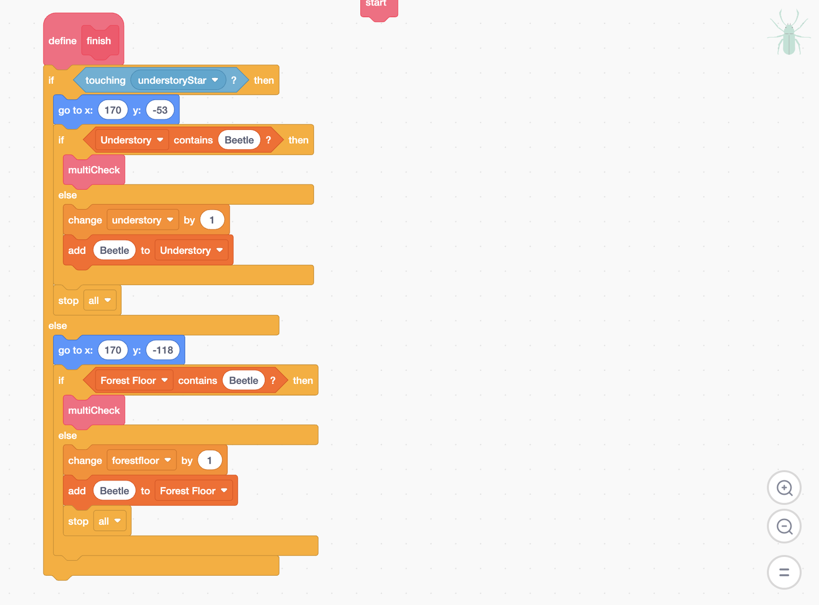 Scratch Rainforest Coding Activity: Code the Layers of the Rainforest Beetle finish and list code Rainforest scratch coding Scratch code adding a beetle to the correct rainforest layer list and updating the layer count