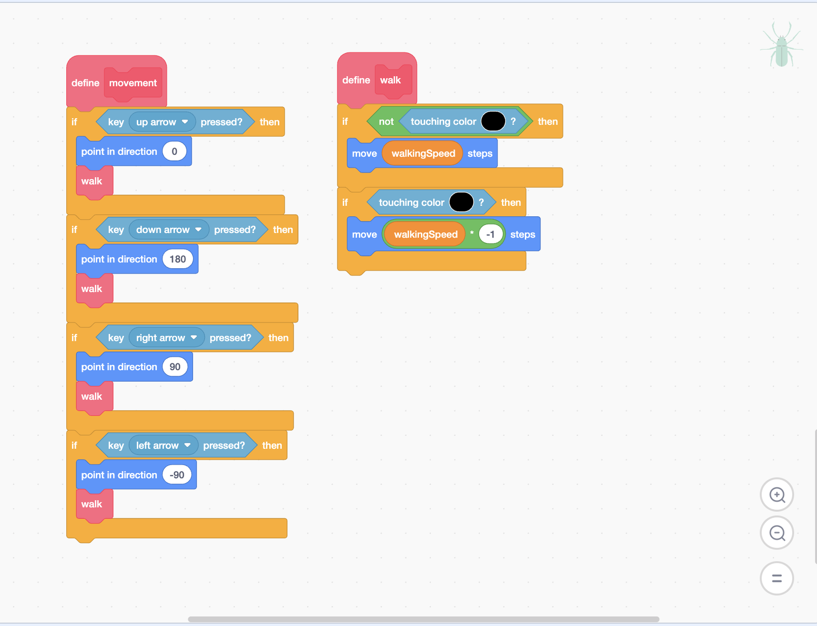 Scratch Rainforest Coding Activity: Code the Layers of the Rainforest Beetle movement and walk code Scratch beetle movement code using arrow keys, a custom walk block, and wall detection
