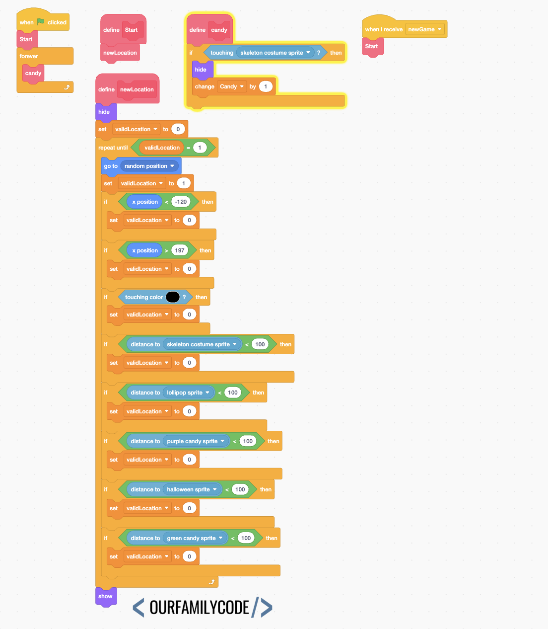 Scratch Maze Game: Halloween Trick-or-Treat Candy Hunt Candy Random Generation Scratch code using a repeat until loop to place candy randomly while avoiding maze walls and nearby sprites