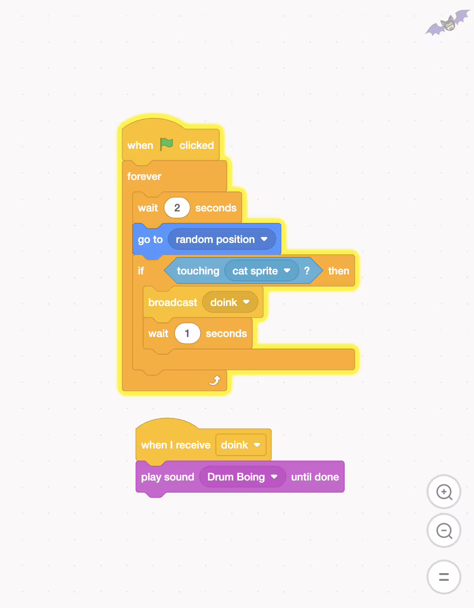 Scratch Collision Detection: Halloween Conditional Coding Activity Halloween Conditional Collisions Scratch Activity Bat code Scratch code using a touching block to detect a collision with the cat sprite