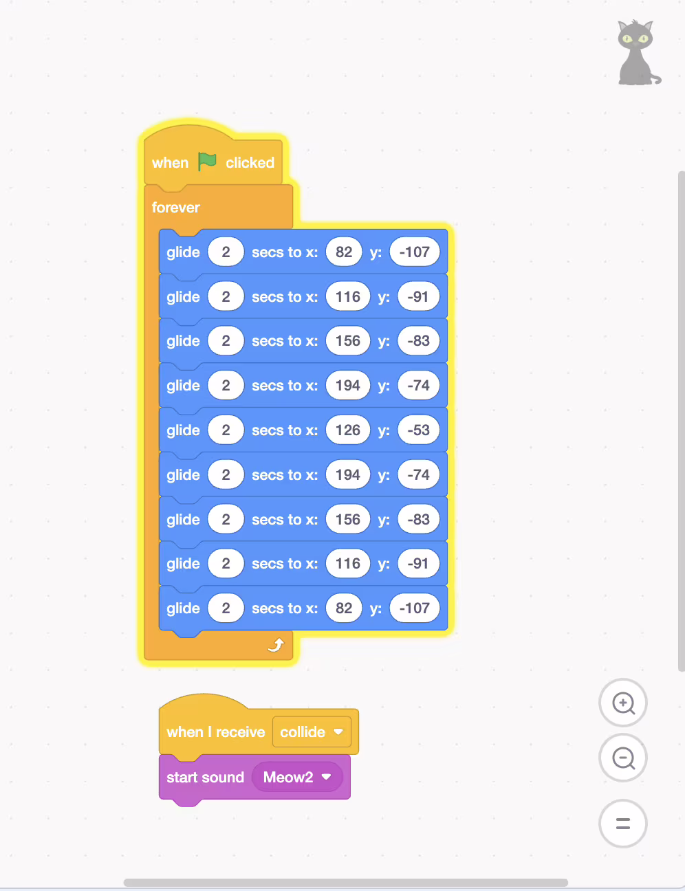Scratch Collision Detection: Halloween Conditional Coding Activity Halloween Conditional Collisions Scratch Activity cat code Scratch cat sprite responding to a collide broadcast by playing a sound