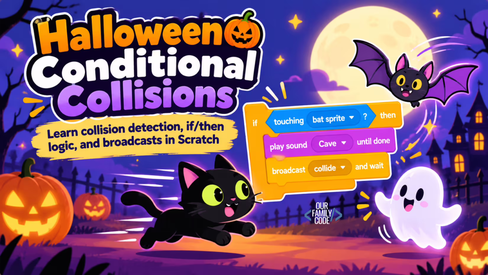 Scratch Maze Game: Halloween Trick-or-Treat Candy Hunt Halloween Conditional Collisions unplugged coding activity conditional collisions statements Halloween Scratch coding activity demonstrating collision detection and conditional logic