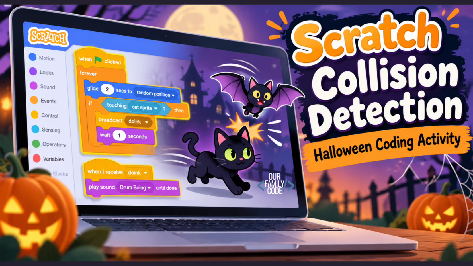 Halloween conditional collisions in Scratch with if then logic and broadcast blocks