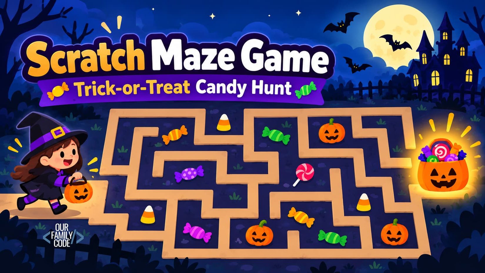 Scratch Maze Game: Halloween Trick-or-Treat Candy Hunt Halloween Scratch Maze Game Candy Hunt Coding Activity Halloween Scratch maze game with candy collectibles, maze paths, pumpkins, and a trick-or-treat coding theme