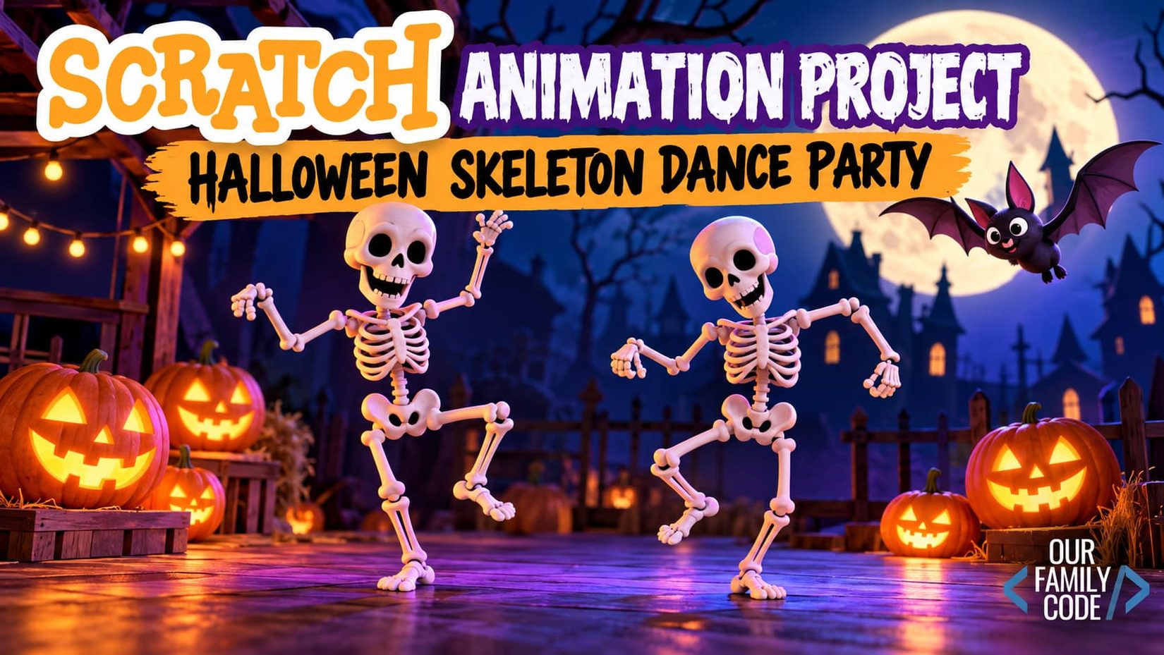 Halloween Scratch animation project with dancing skeletons, pumpkins, a bat, and a moonlit haunted house