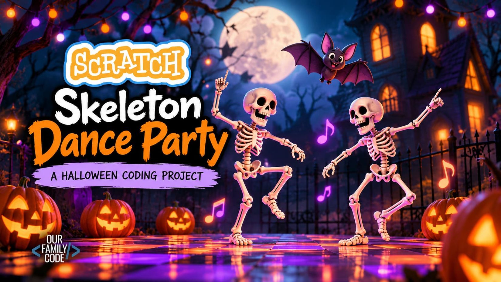 Halloween Scratch animation project with dancing skeletons, pumpkins, a bat, and a moonlit haunted house
