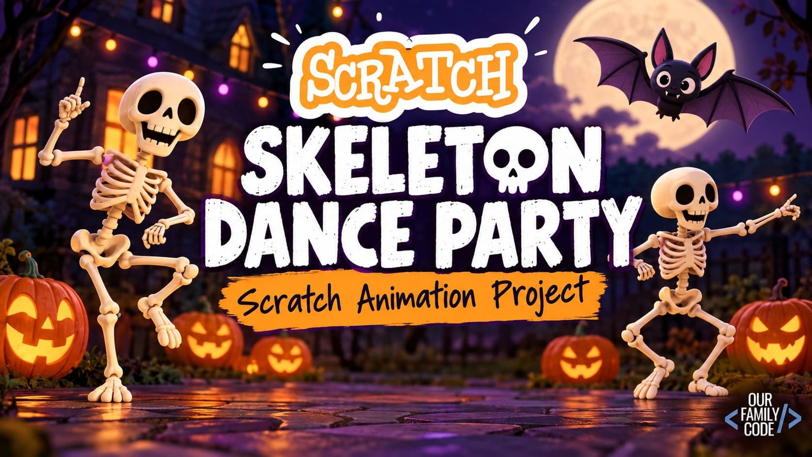 Halloween Scratch animation project with dancing skeletons, pumpkins, a bat, and a moonlit haunted house