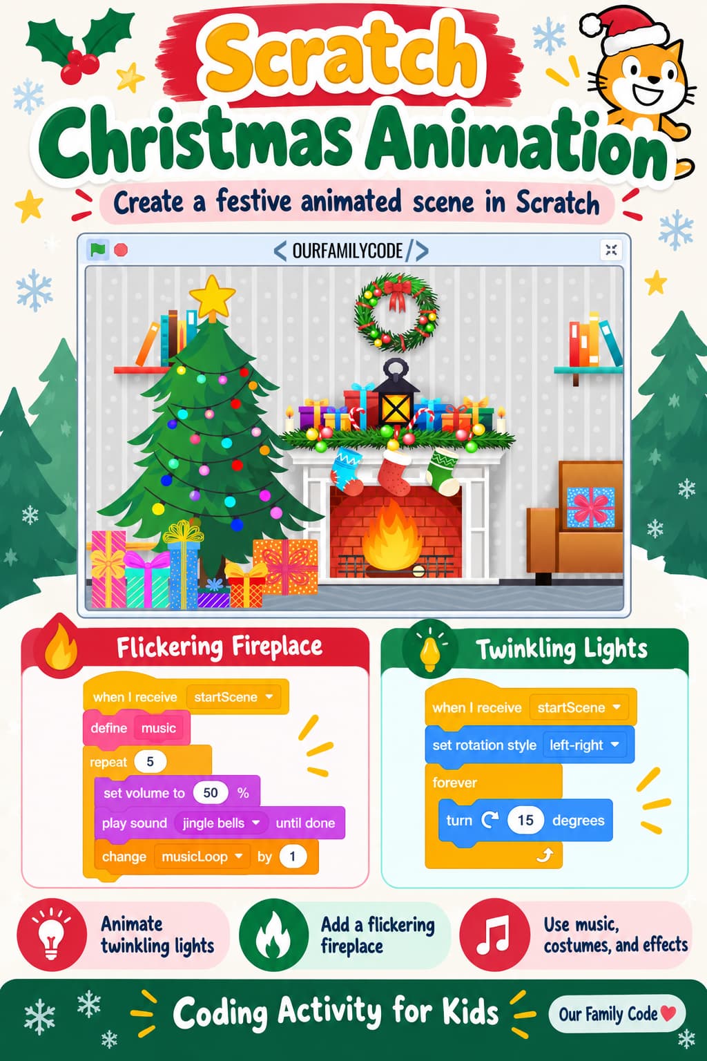 Scratch Christmas animation with a decorated tree, fireplace, presents, stockings, wreath, and colorful holiday lights