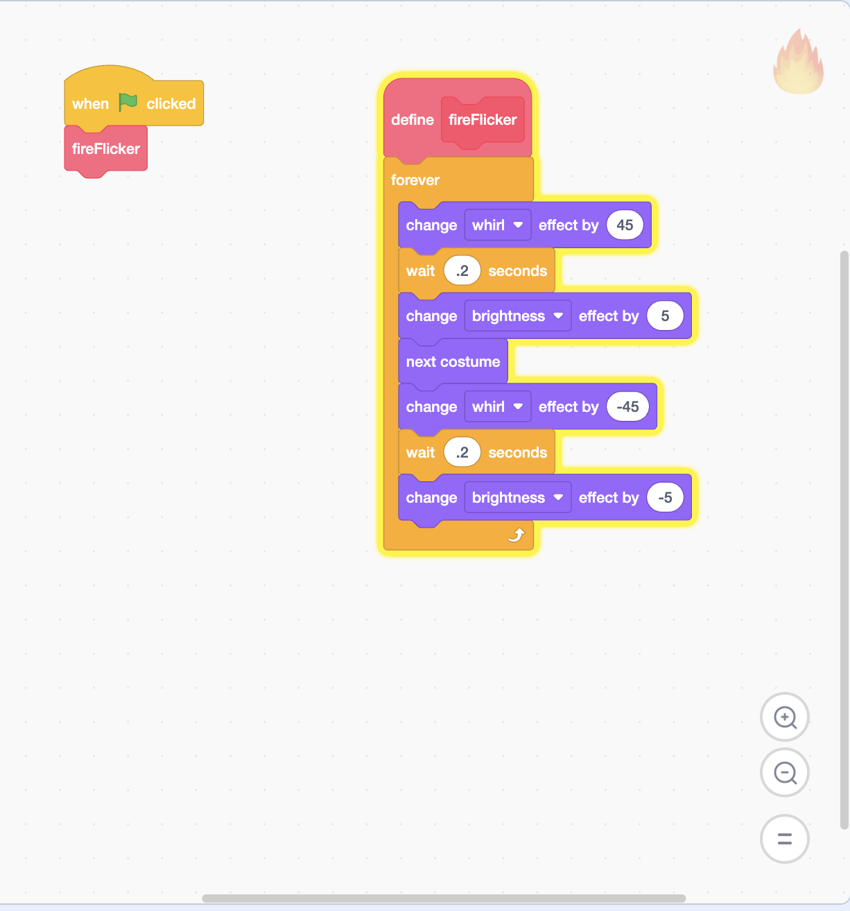 Scratch fire animation code using costumes, whirl effects, brightness changes, and a forever loop