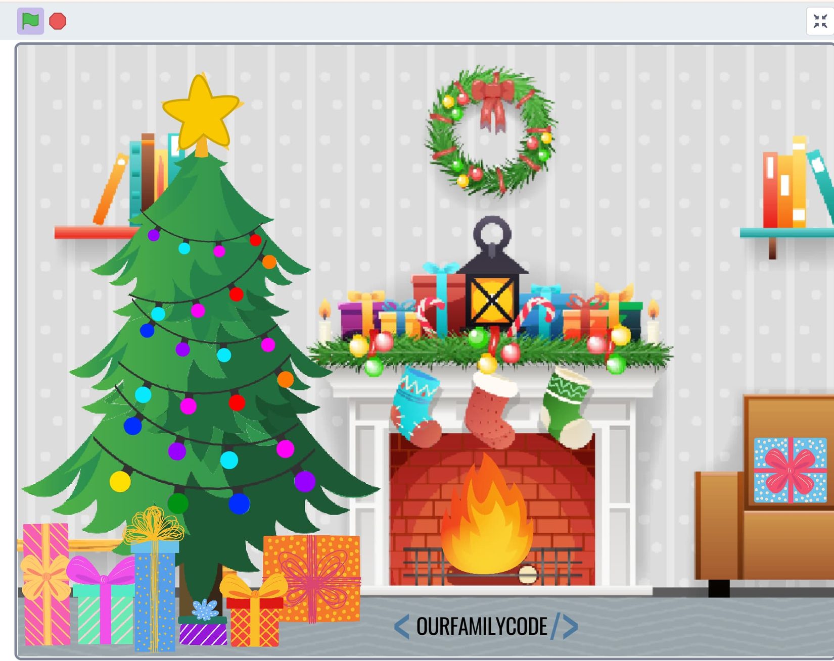 Scratch Christmas animation with a decorated tree, fireplace, presents, stockings, wreath, and colorful holiday lights