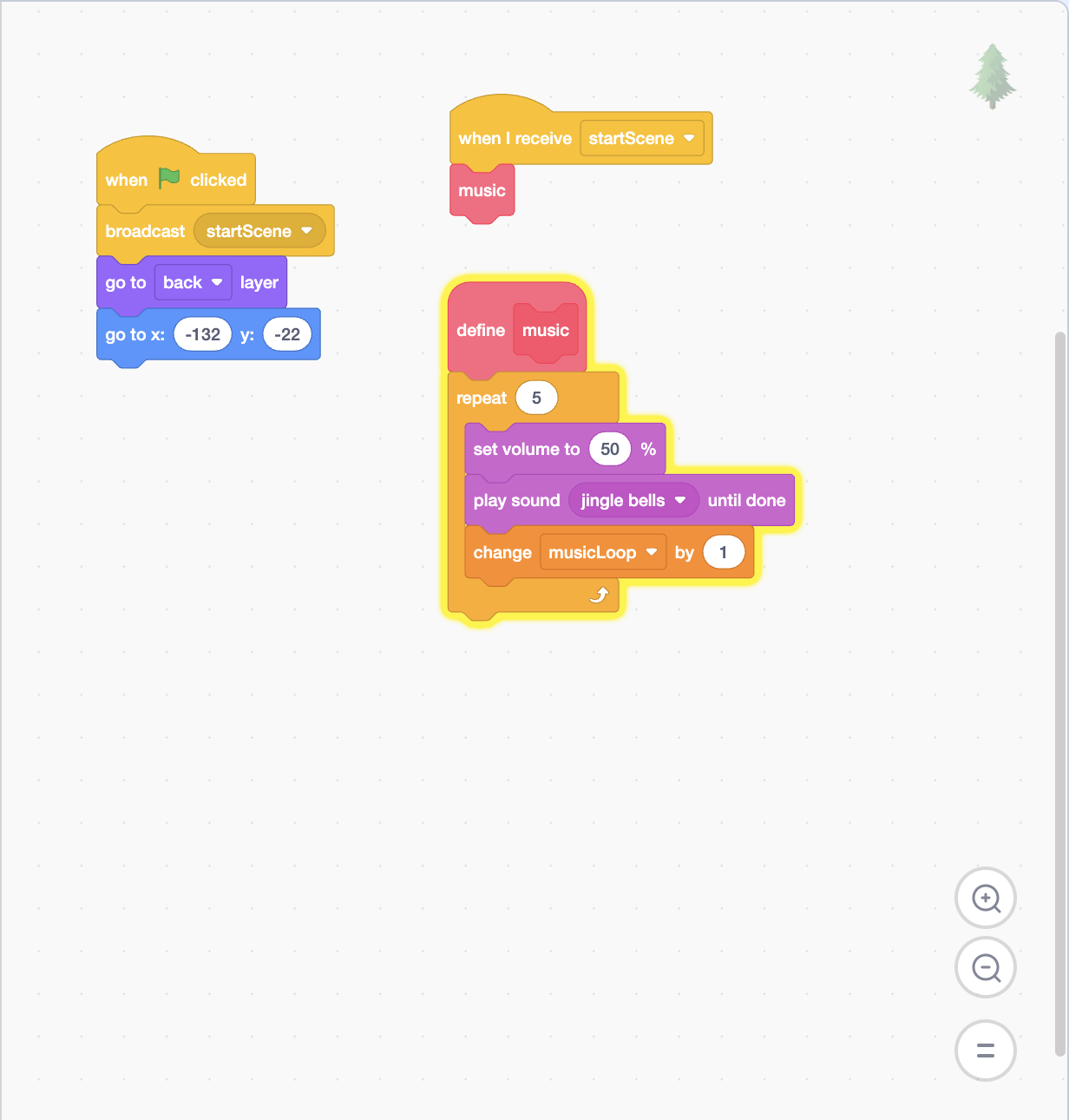 Scratch code using a startScene broadcast, Jingle Bells sound, repeat loop, and musicLoop variable