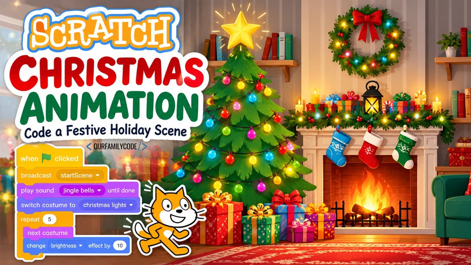 Scratch Christmas animation with a decorated tree, fireplace, presents, stockings, wreath, and colorful holiday lights