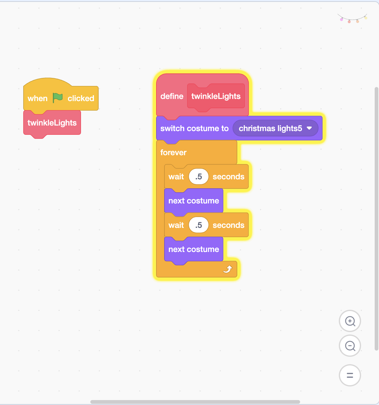 Scratch code using a custom twinkleLights block and costume changes to animate Christmas lights