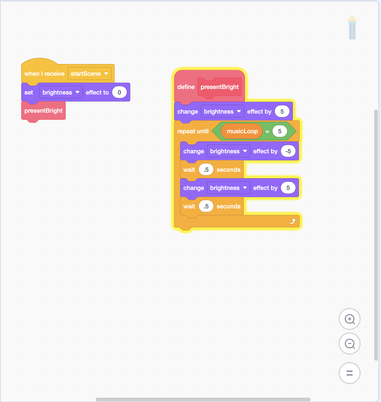 Scratch present animation using repeated brightness changes and the musicLoop variable