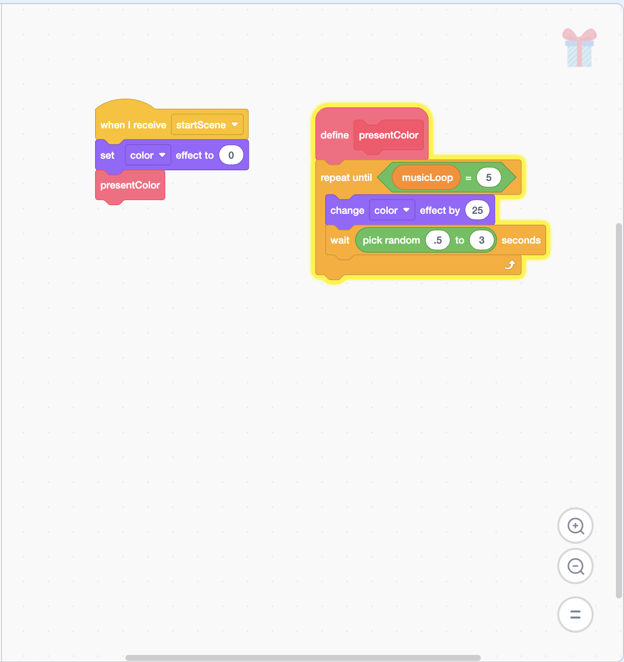 Scratch present animation changing color effects at random intervals until the music loop finishes