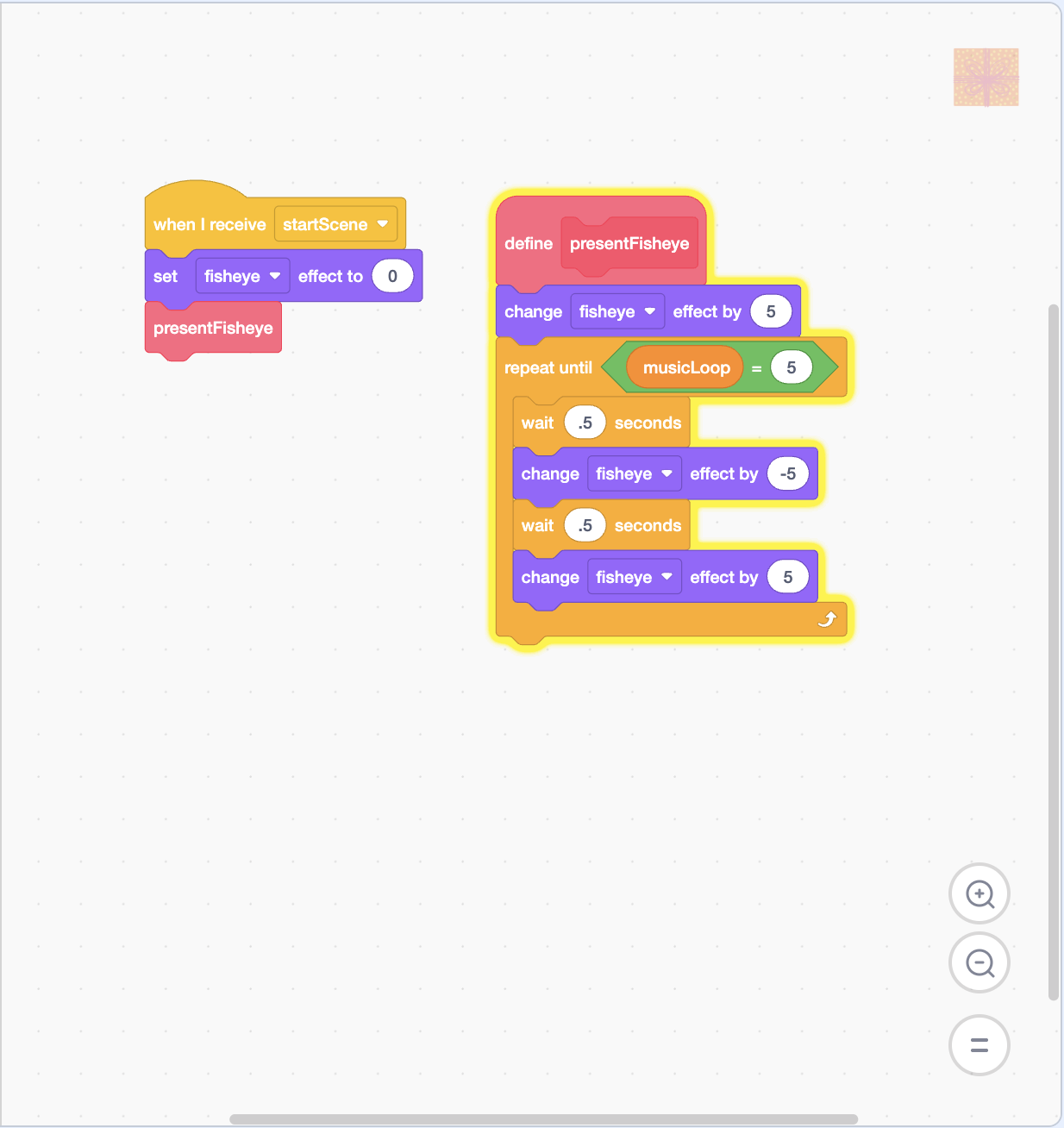 Scratch present animation using the fisheye graphic effect, timing, and a custom block